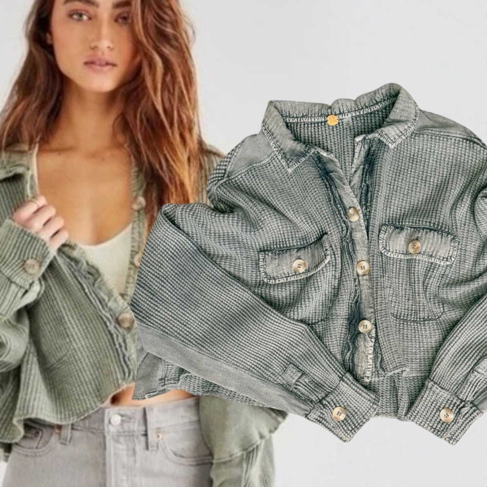 FP One Scout Waffle Knit Jacket Cropped Sage Green Medium